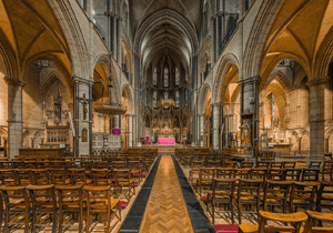  The interior of St James's Church, Spanish Place in London, England, viewed from the middle of the church looking west toward the altar